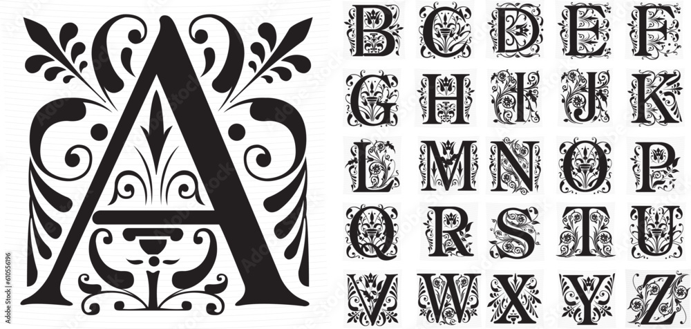 Vintage font. Medieval capital alphabet in floral ornament. Vector set