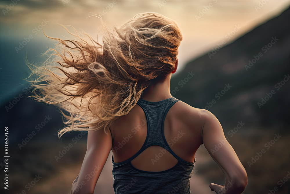 Woman running seen from behind. Generative AI