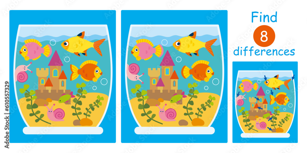 Find differences, education game for children. Cute cartoon flat vector illustration with fish, snail, aquarium, castle.