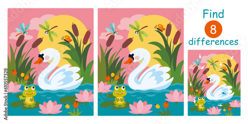 Find differences, education game for children. Cute cartoon flat vector illustration with swan, frog, dragonfly, lake, water lily, reed, cattail.