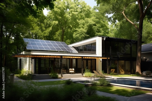 Modern Suburban Home with State-of-the-Art Solar Panel Installation. Generative AI © Dangubic