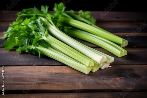 Cut celery sticks and leaves on wooden table