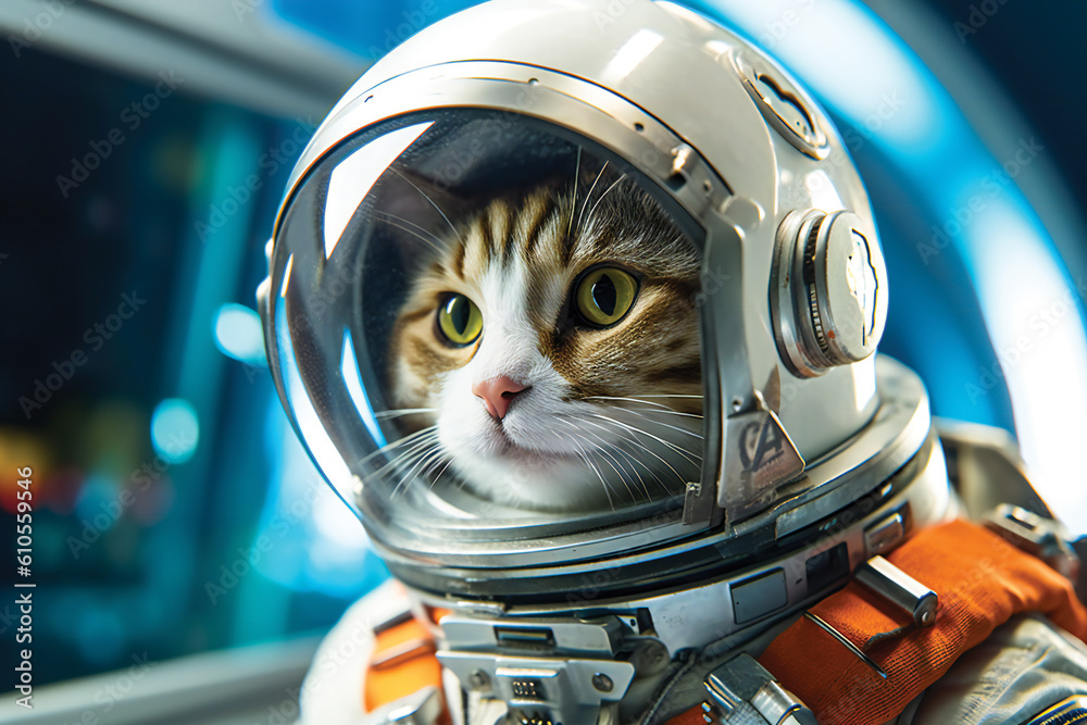 Cute space cat dressed in astronaut suit. Created with Generative AI technology.