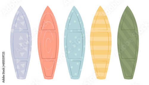 Set of Surfboards with Different Bright and Unusual Pattern Designs. Various Surf Desks, Surfing Boards Collection, Shortboard and Longboard Isolated on White Background. Cartoon Vector Illustration