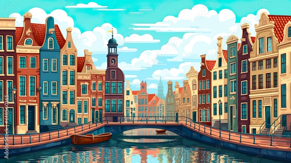 Background Amsterdam canals. The serenity of Amsterdam's canals depicted in an illustration with an abstract background and striking banner design. Generative AI.