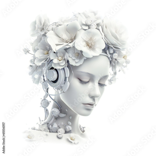 White Android Wearing Flowers. Created with Generative AI technology. © Adrian Grosu