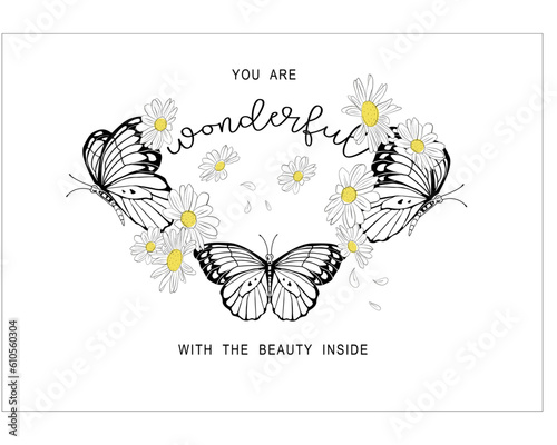 butterfly drawing with flowers pattern design vector.Vector illustration design for fashion graphics, t shirt prints.