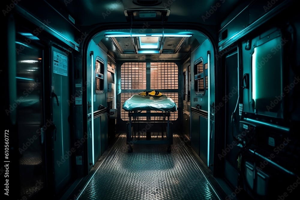 View of compact ambulance van with open doors. Emergency medical devices, ambulance interior details with necessary patient care equipment. Basic emergency for quick health help service. Generative AI
