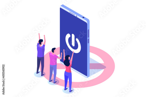 Digital detox, internet addiction isomertric concept. Vector illustration.
