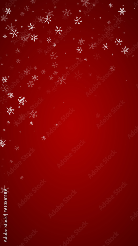 Falling snowflakes christmas background. Subtle flying snow flakes and stars on christmas red background. Beautifully falling snowflakes overlay. Vertical vector illustration.