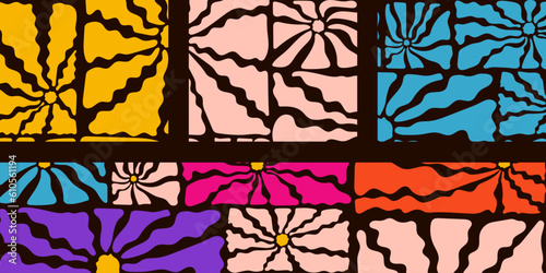 Set of Floral Patterns. Geometric colorful flowers. Vector illustration.