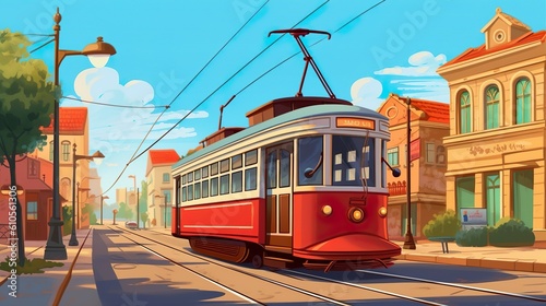 Background streetcar in old town. Illustration showcasing a streetcar in an old-town setting, enhanced by an abstract background and captivating banner design. Generative AI.