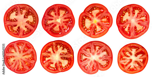 set of isolated illustrations of red tomato slices. Created with Generative AI  © agrus_aiart