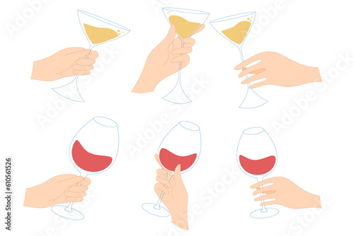 Hand with a glass of red or white wine. Celebration concept. Illustrations for the design of the holiday, party, menu, presentation, postcard.