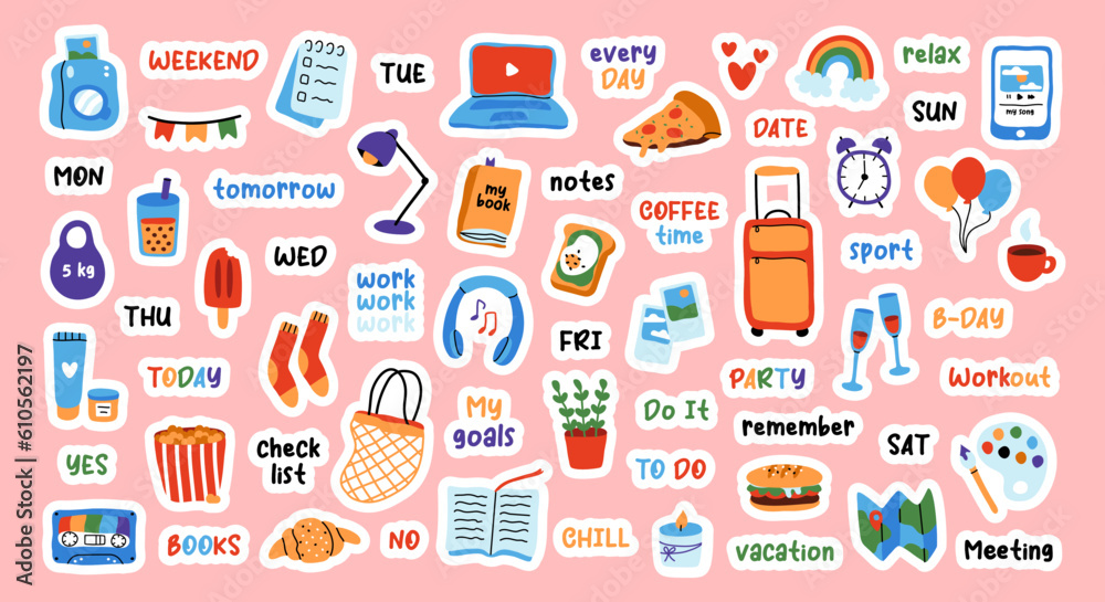 Big sticker set for weekly planner. Cute hand drawn pictures and phrases for diary decorating. Flat vector illustration. - obrazy, fototapety, plakaty 