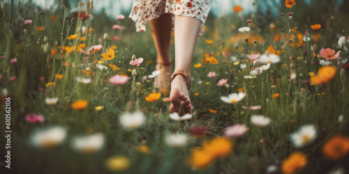  Woman walking barefoot outdoors in nature, grounding concept.