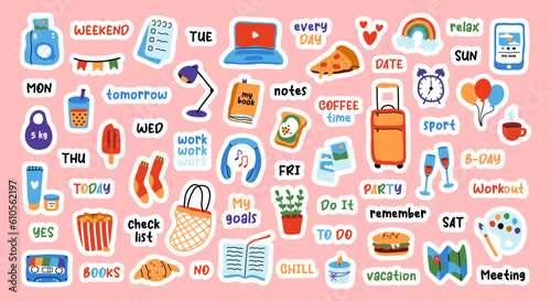 Big sticker set for weekly planner. Cute hand drawn pictures and phrases for diary decorating. Flat vector illustration.