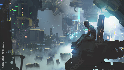 futuristic man sitting on a building against a sci-fi city during the night, digital art style, illustration painting
