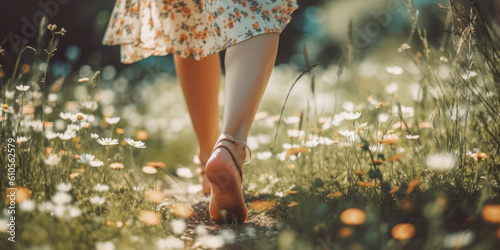  Woman walking barefoot outdoors in nature, grounding concept. photo