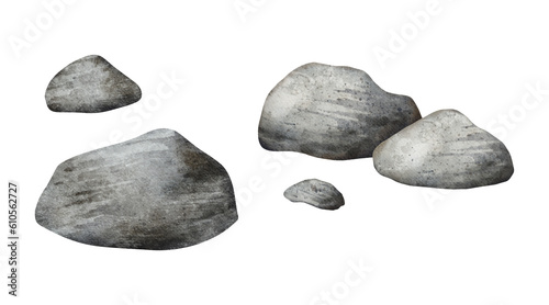 Set of Sea Pebbles. Natural stones pile. Solid rocks nature landscape element. Beautiful detail of landscape, seascape, nature scene. Hand drawn watercolor illustration