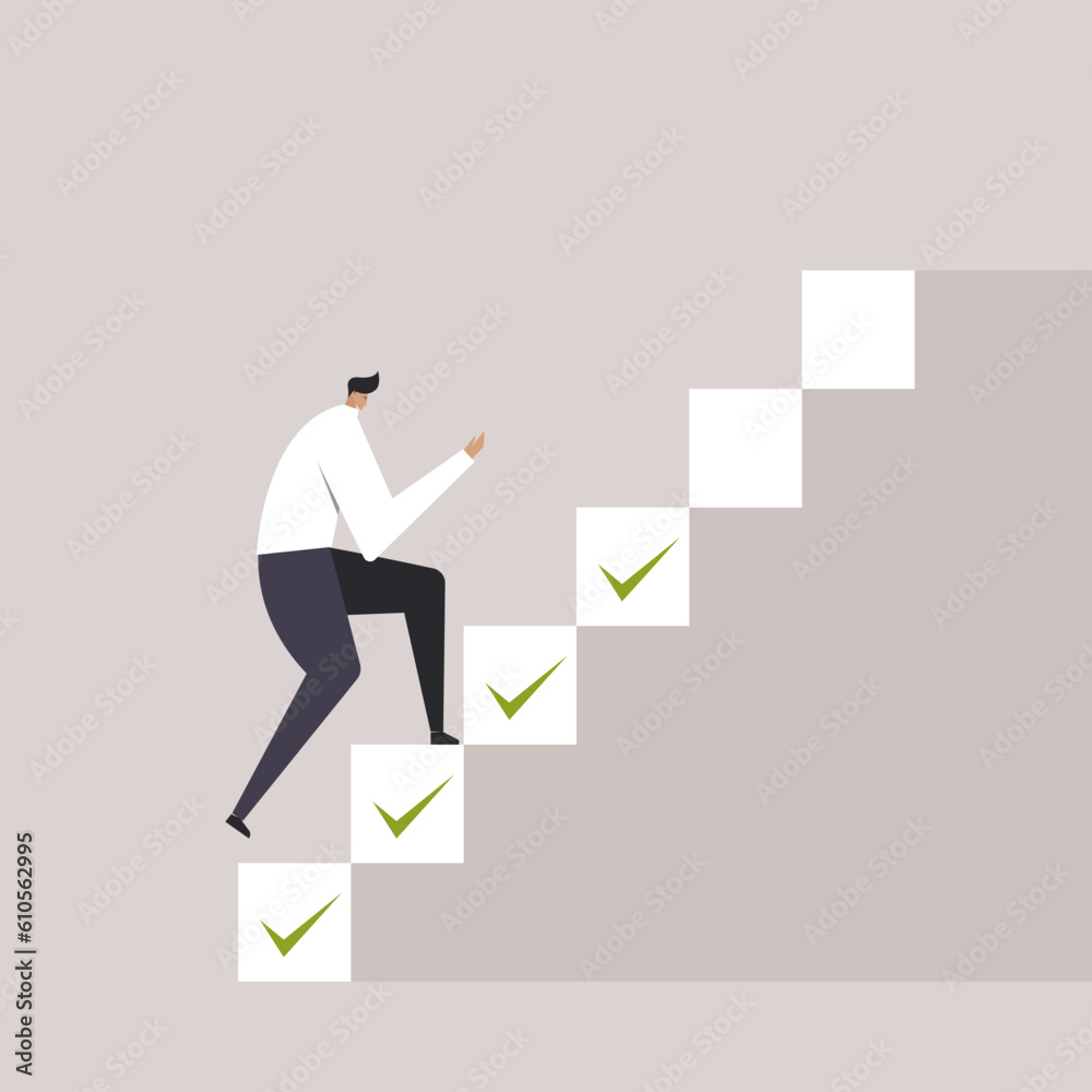 Conceptual illustration of a person climbing up stairs marked with ‘yes’ ticks. Conceptual illustration of a person climbing up stairs marked with ‘yes’ ticks.