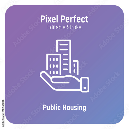Public housing, affordable housing for immigrants. Building in hand thin line icon. Vector illustration.