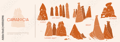 Large collection of stone pillars in the Cappadocia area. Tourist sight of Turkey. Design elements for souvenir products. Vector illustration isolated.