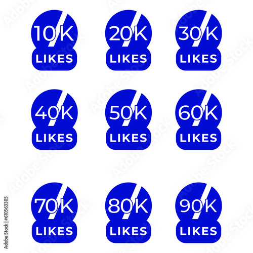 ILLUSTRATION SET 10K TO 90K LIKES BADGE SOCIAL MEDIA TEMPLATE DESIGN ICON VECTOR. GOOD FOR BANNER,COVER, WEBSITE