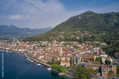Lake in the mountains of Italy. Aerial view of the town on Lake Garda. View of the historic part of Salò on Lake Garda Italy. Tourist site on Lake Garda. © Berg