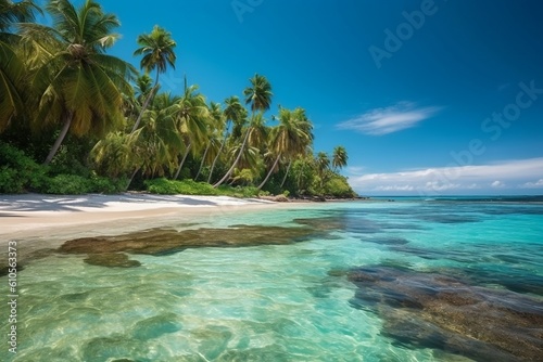 Beautiful untouched tropical beach with white sand  palm trees  turquoise ocean against blue sky with clouds on sunny summer day. Perfect landscape paradise for relaxing vacation. Generative AI 