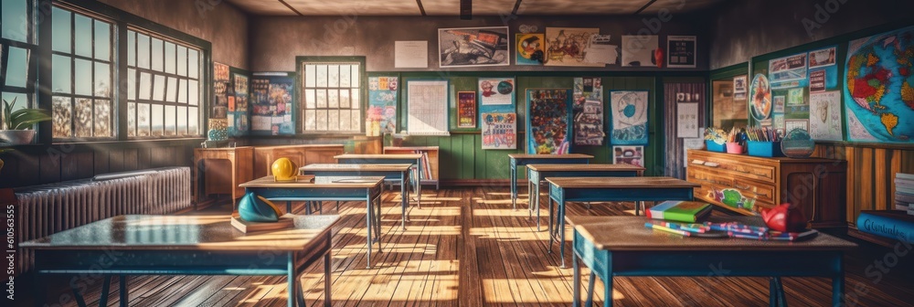 Empty Classroom with Desks and Chairs Background, Education and Back to School Concept. Generative Ai Empty Classroom with Desks and Chairs Background, Education and Back to School Concept. Generative Ai