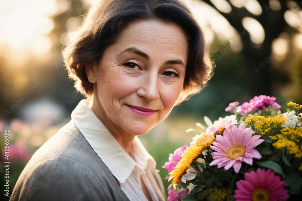 Portrait of an elderly woman with bouquet of flowers in a garden. Generative AI. Portrait of an elderly woman with bouquet of flowers in a garden. Generative AI.