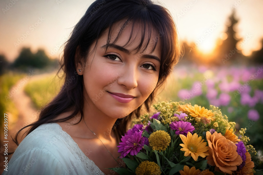 Portrait of a woman with bouquet of flowers in a garden. Generative AI. Portrait of a woman with bouquet of flowers in a garden. Generative AI.