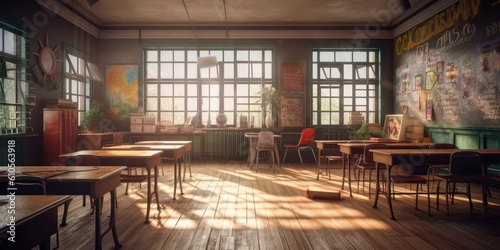 Empty Classroom with Desks and Chairs Background  Education and Back to School Concept. Generative Ai