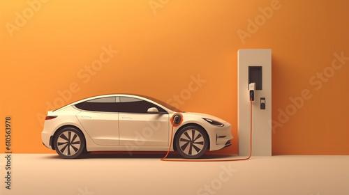 Side view of electric car charging, minimalist background. Generative AI.
