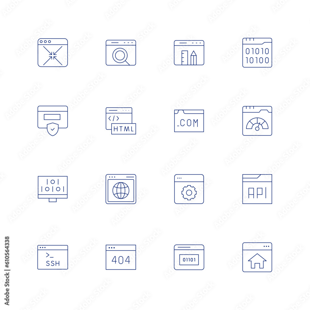 Website icon set. Editable stroke. Thin line icon. Containing size, window, pencil, binary code, firewall, html, domain, web, internet, software, web page, ssh, Frame, code, homepage.