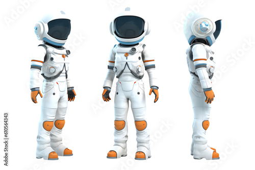 Set of astronaut with white suit in different side view. 3D illustration character in transparent background. Generative AI.