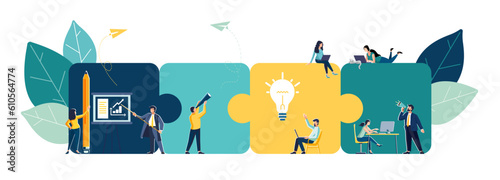Business concept. Team metaphor. People connecting puzzle elements. Vector symbol of teamwork, cooperation, partnership. Concept of successful business. Vector illustration in flat design style, job