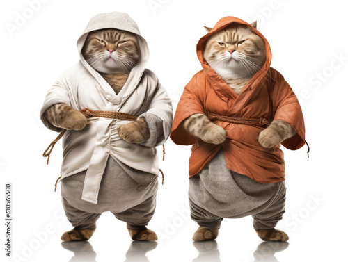 Two kung fu cats isolated on white background