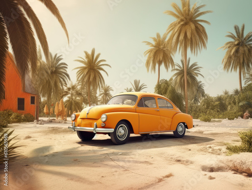 Orange car is standing near palm trees and hotel, retro style. Generative AI © Postproduction