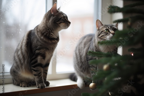 Two curious cats are going to attack the Christmas tree  generative ai
