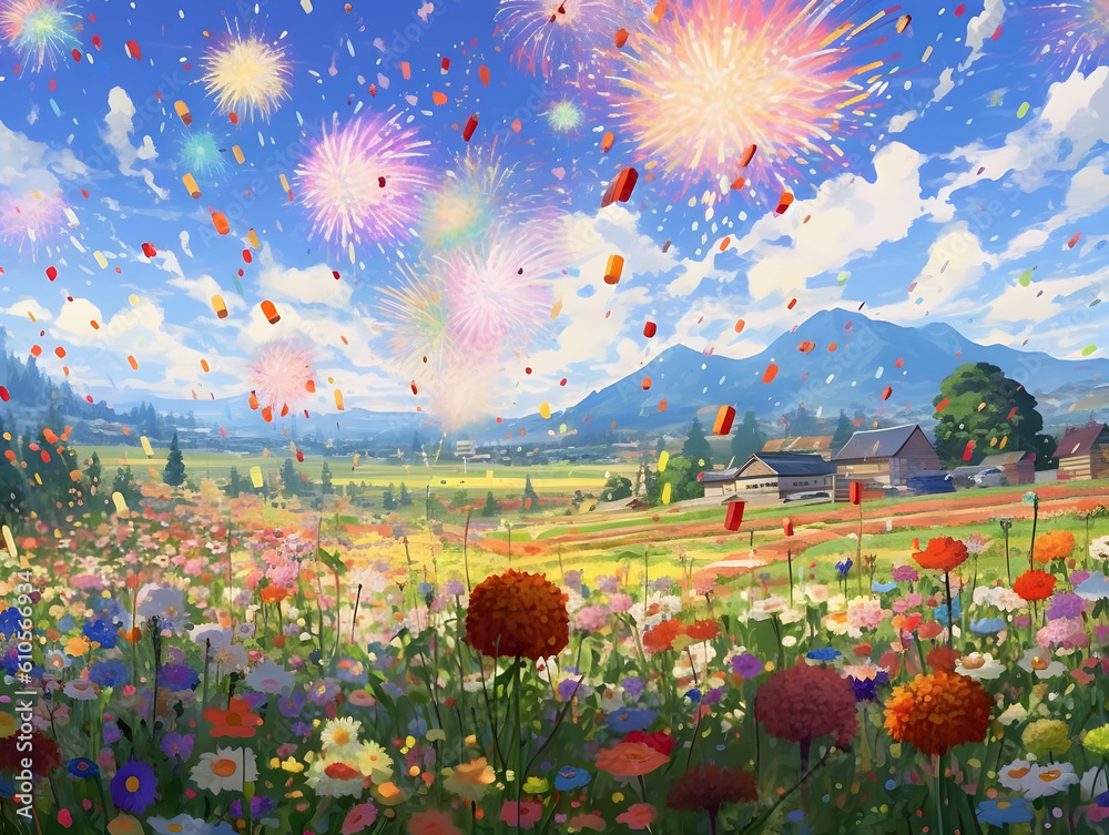 Fields of colorful flowers and beautiful Fireworks in the sky with generated Ai.