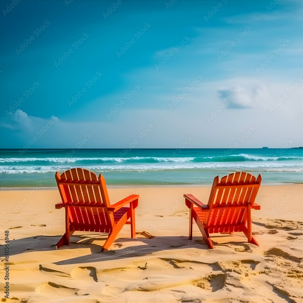 Relax chair Empty sea wave sand sun tropical beach background. Generative Ai.