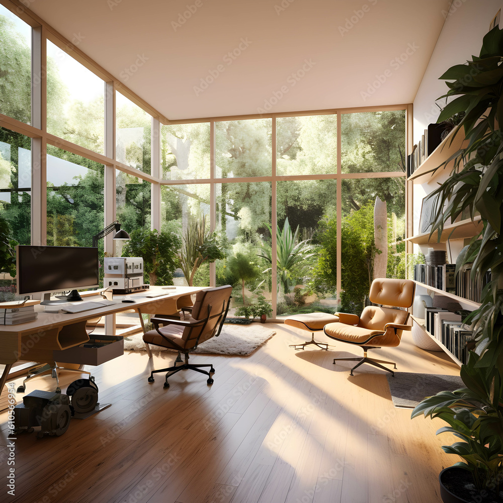 office 3d rendering image.large windows look out to see the nature with generative Ai.