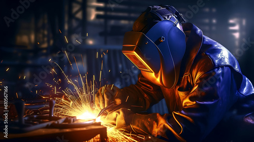 working welder performs welding work in the workshop, welding, production background, fantasy, generated in AI © Andrei