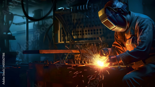 working welder performs welding work in the workshop, welding, production background, fantasy, generated in AI