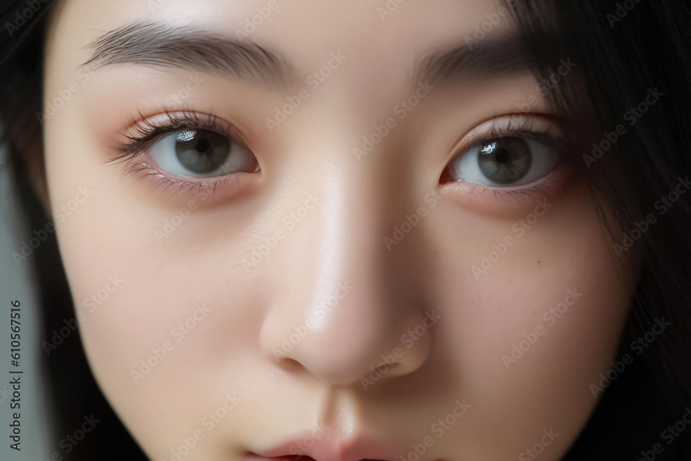 Beautiful Asian Woman, Close up on her face with Smooth skin look at the camera on a White background in Studio light. generative AI