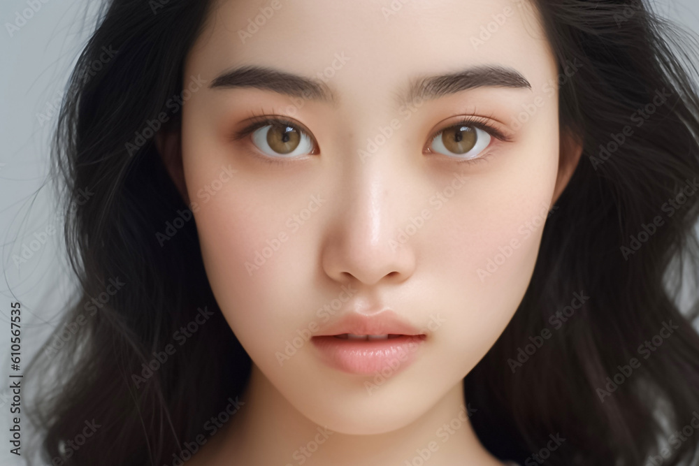 Beautiful Asian Woman, Close up on her face with Smooth skin look at the camera on a White background in Studio light. generative AI Beautiful Asian Woman, Close up on her face with Smooth skin look at the camera on a White background in Studio light. generative AI