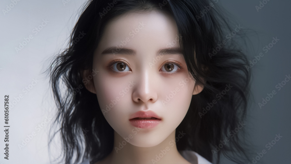 Beautiful Asian Woman, Close up on her face with Smooth skin look at the camera on a White background in Studio light. generative AI Beautiful Asian Woman, Close up on her face with Smooth skin look at the camera on a White background in Studio light. generative AI