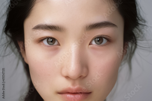 Beautiful Asian Woman  Close up on her face with Smooth skin look at the camera on a White background in Studio light. generative AI